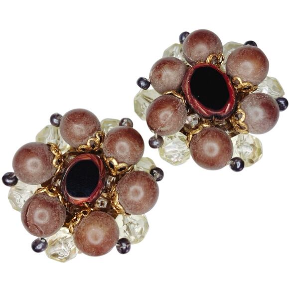 Vintage 1950s West Germany Clip On Earrings Mid Century Resin Beads Glass Dome - Picture 1 of 10